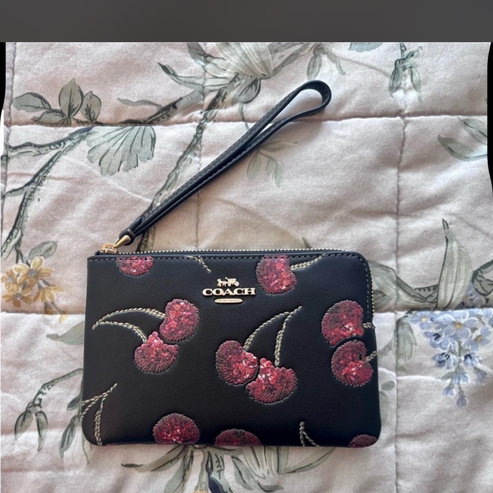 COACH Black Wristlet with Pink Cherry Embroidery